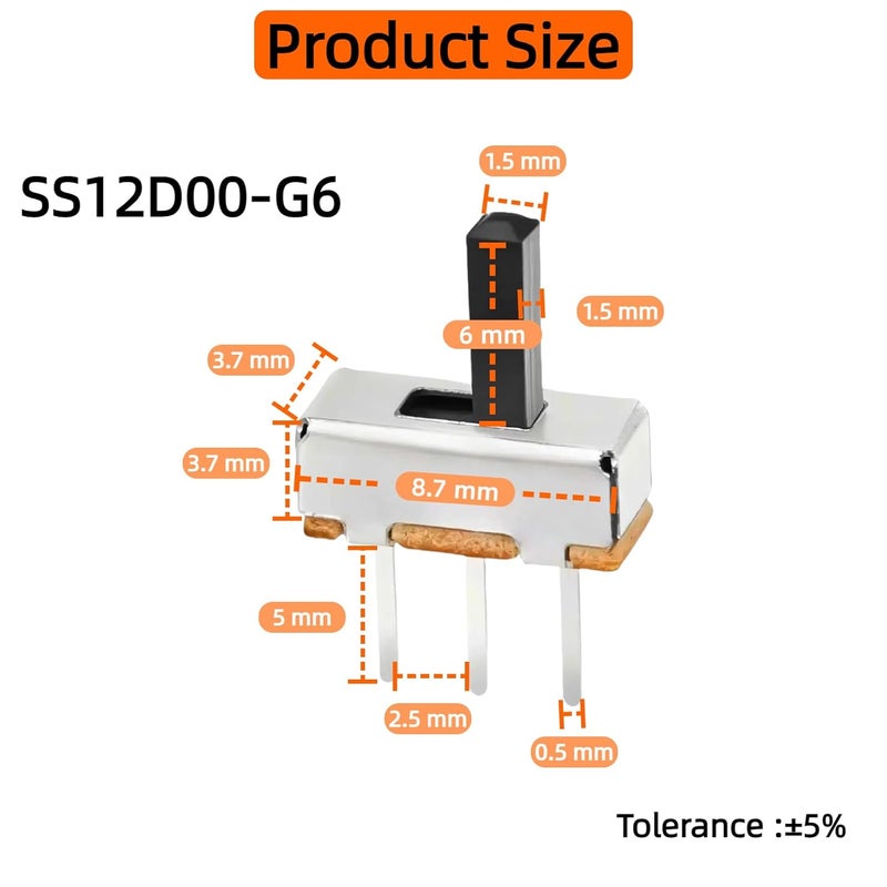 EGSCST 50 قطعة مفتاح منزلق صغير ميكرو SPDT مفاتيح تبديل 1p2t موضعين 3 دبابيس صغيرة عمودية مثبتة على اللوحة مقبض غمر لمشاريع إلكترونية Arduino PCB Breadboard - SS12D00G 6 مم DC 50 فولت 0.5 أمبير - Image 2